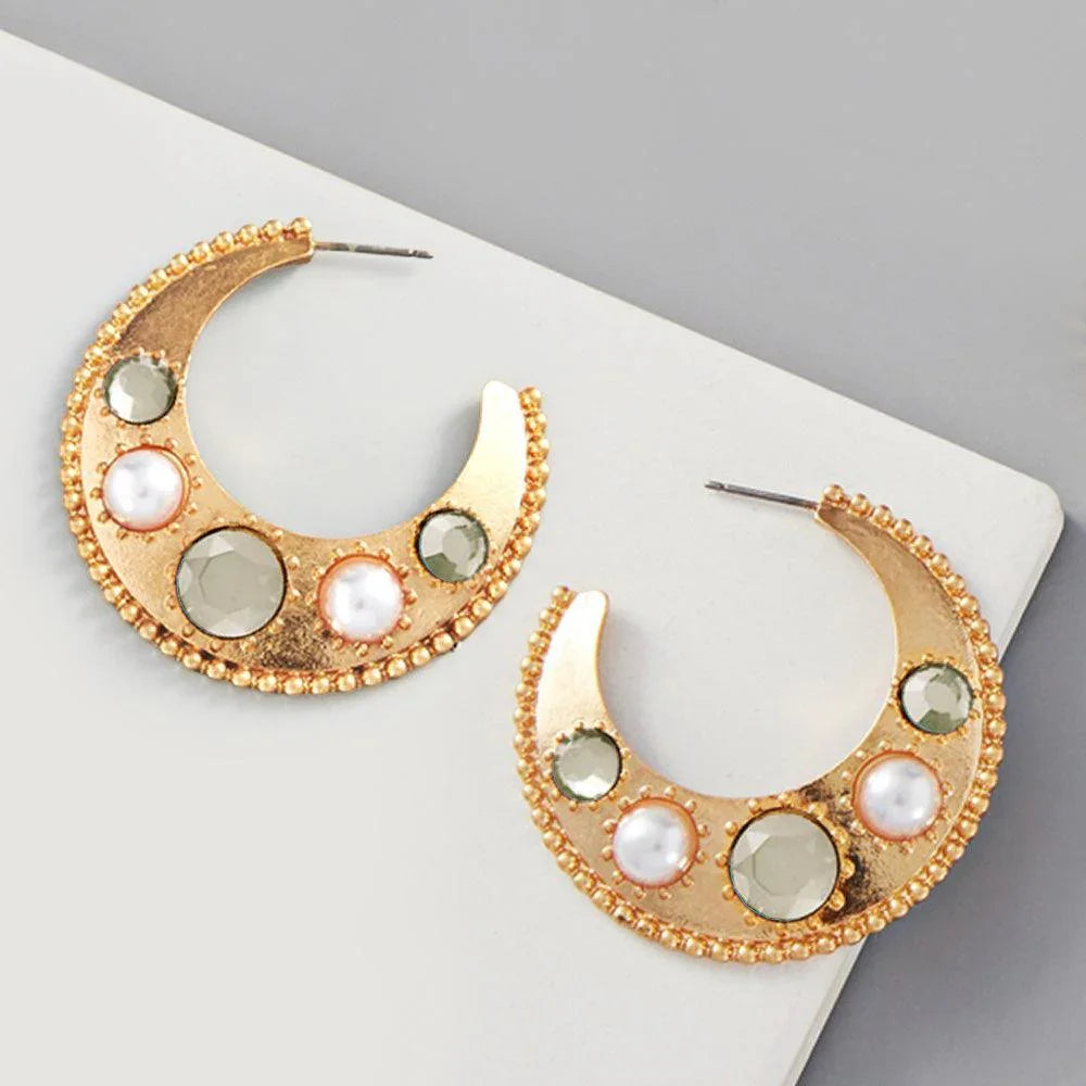 Pearl Bead Embellished Metal Hoop Earrings - Jewelry Store by Erik Rayo