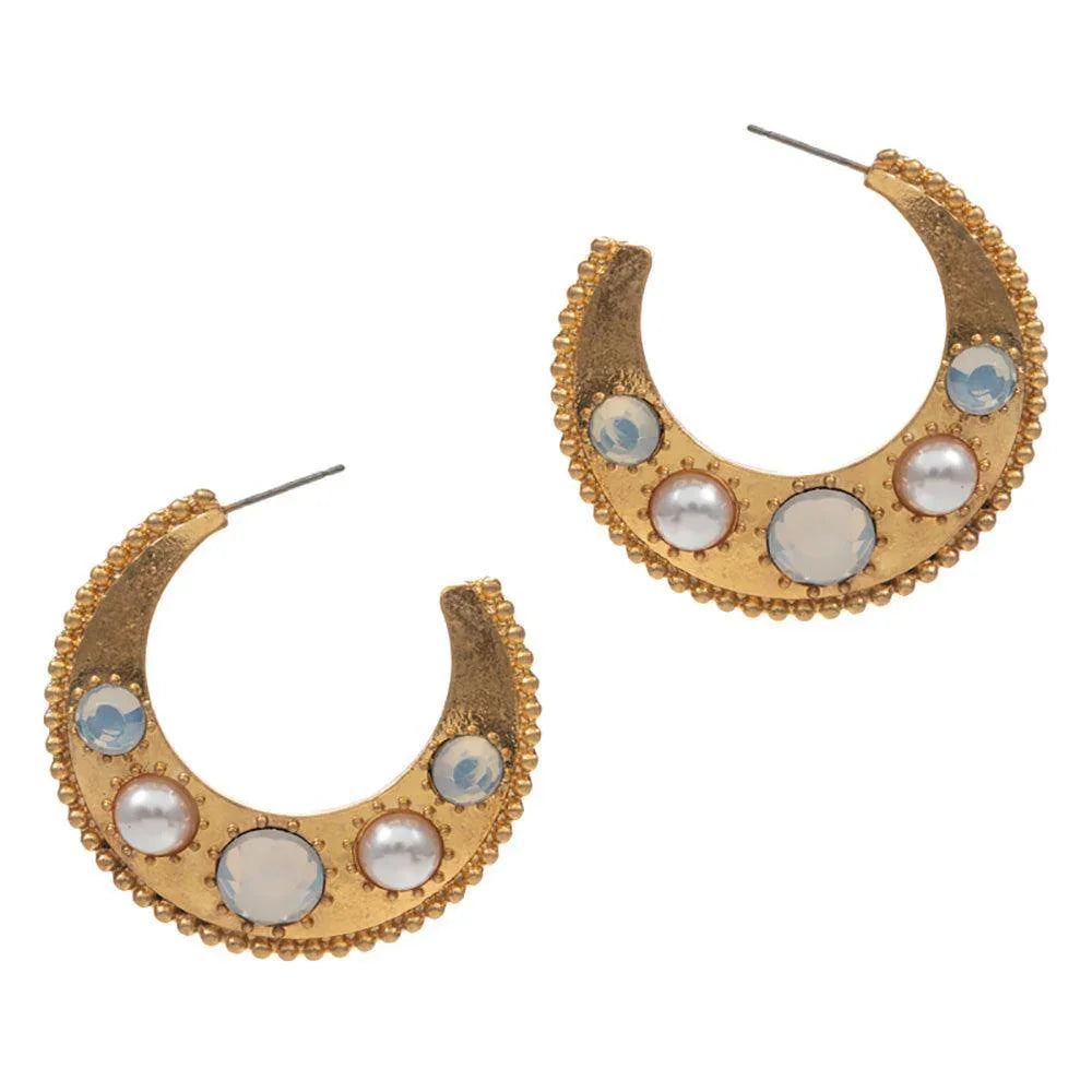White Pearl Bead Embellished Metal Hoop Earrings - Jewelry Store by Erik Rayo