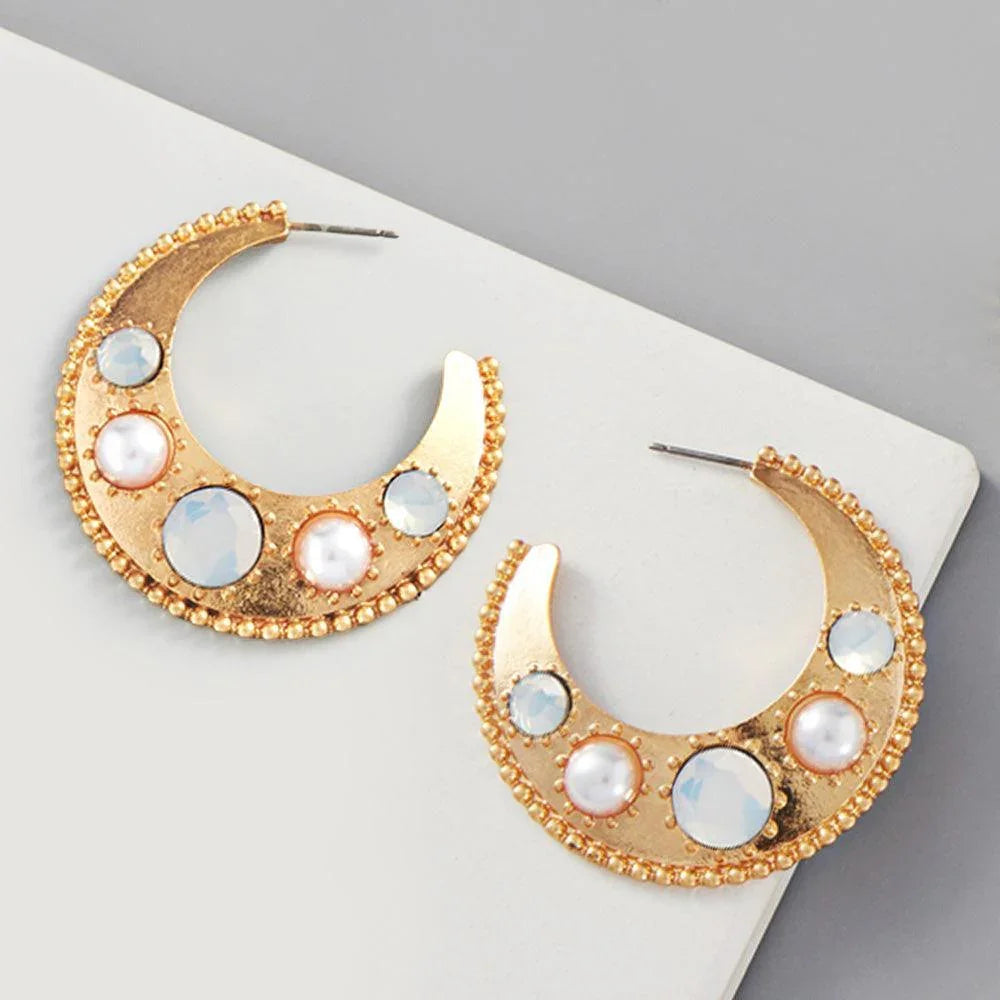 White Pearl Bead Embellished Metal Hoop Earrings - Jewelry Store by Erik Rayo