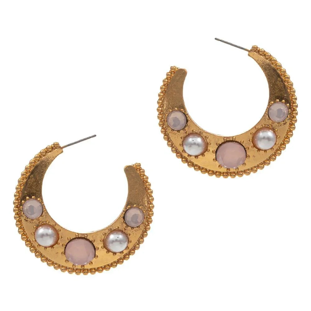 Pink Pearl Bead Embellished Metal Hoop Earrings - Jewelry Store by Erik Rayo