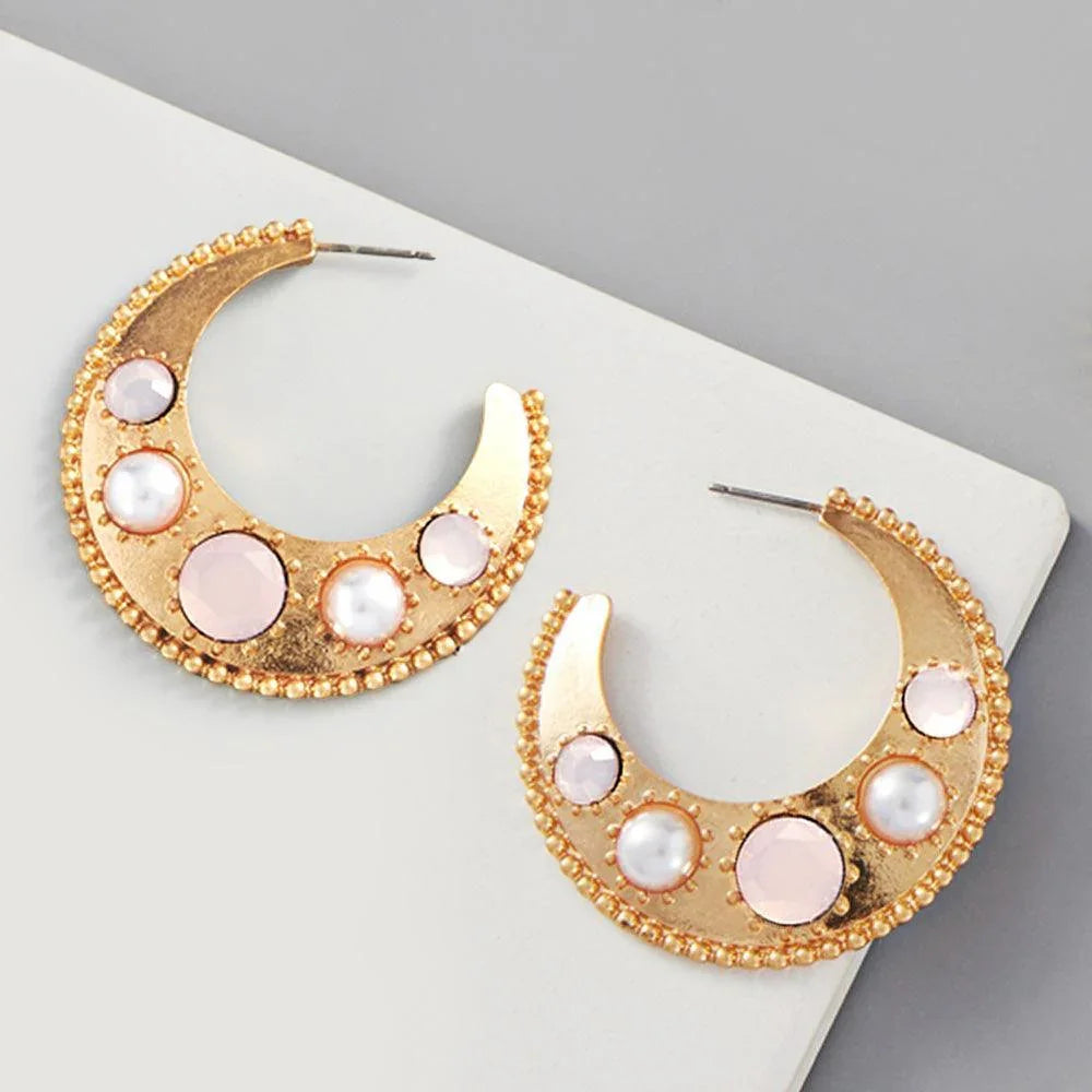 Pink Pearl Bead Embellished Metal Hoop Earrings - Jewelry Store by Erik Rayo