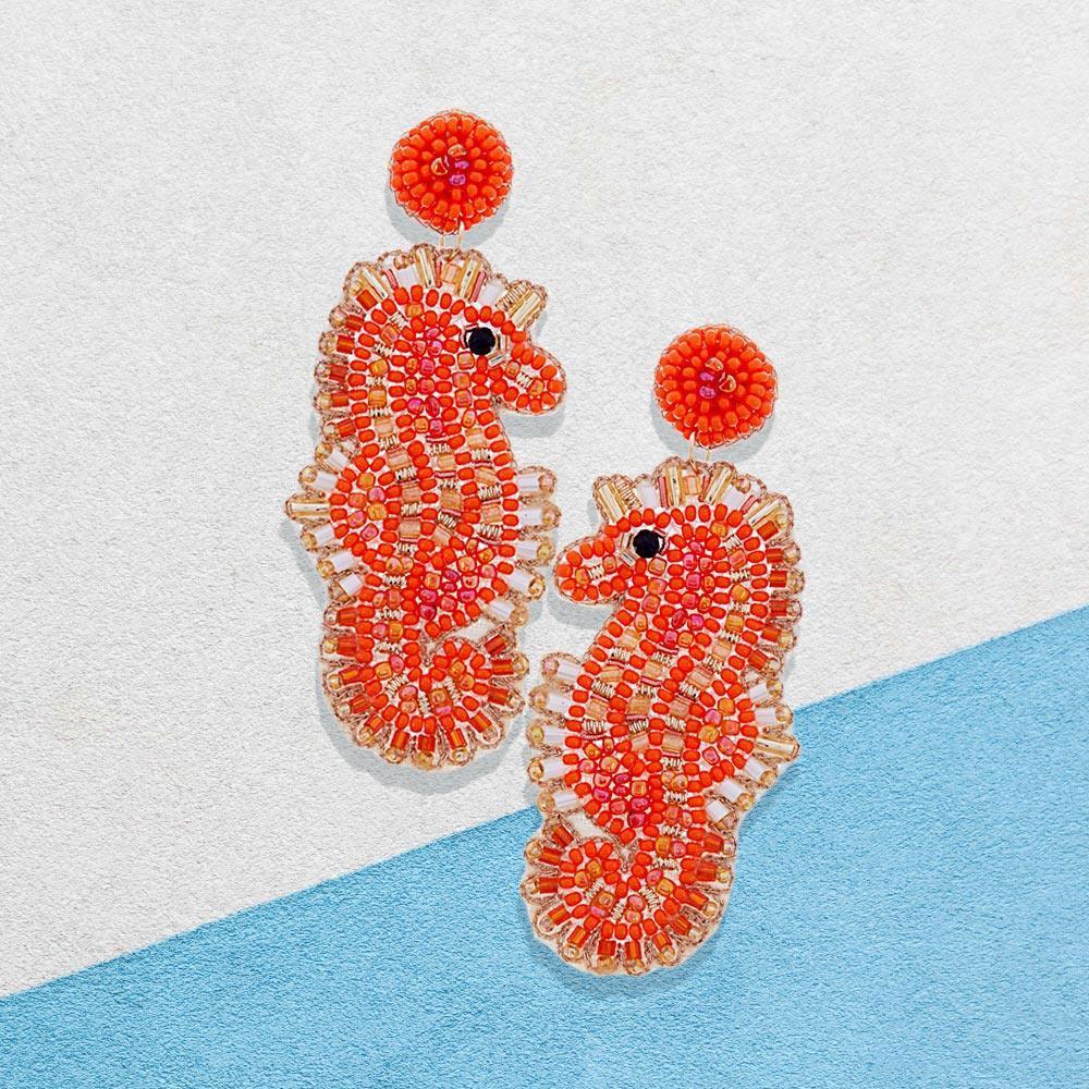 Coral Felt Back Beaded Seahorse Dangle Earrings - Jewelry Store by Erik Rayo