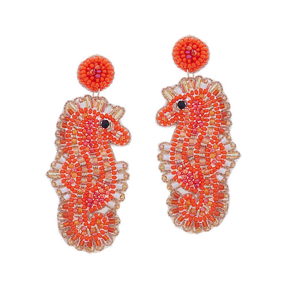 Coral Felt Back Beaded Seahorse Dangle Earrings - Jewelry Store by Erik Rayo