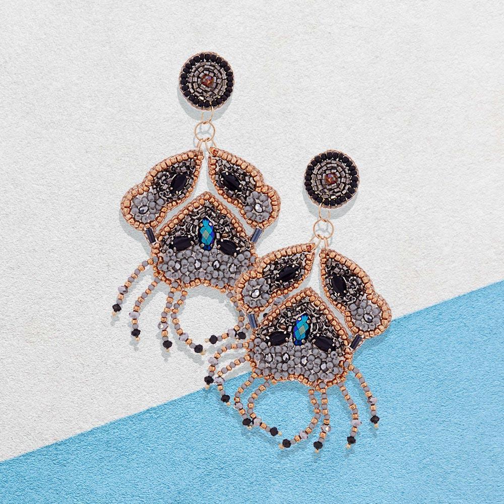 Black Felt Back Stone Beaded Crab Dangle Earrings - Jewelry Store by Erik Rayo