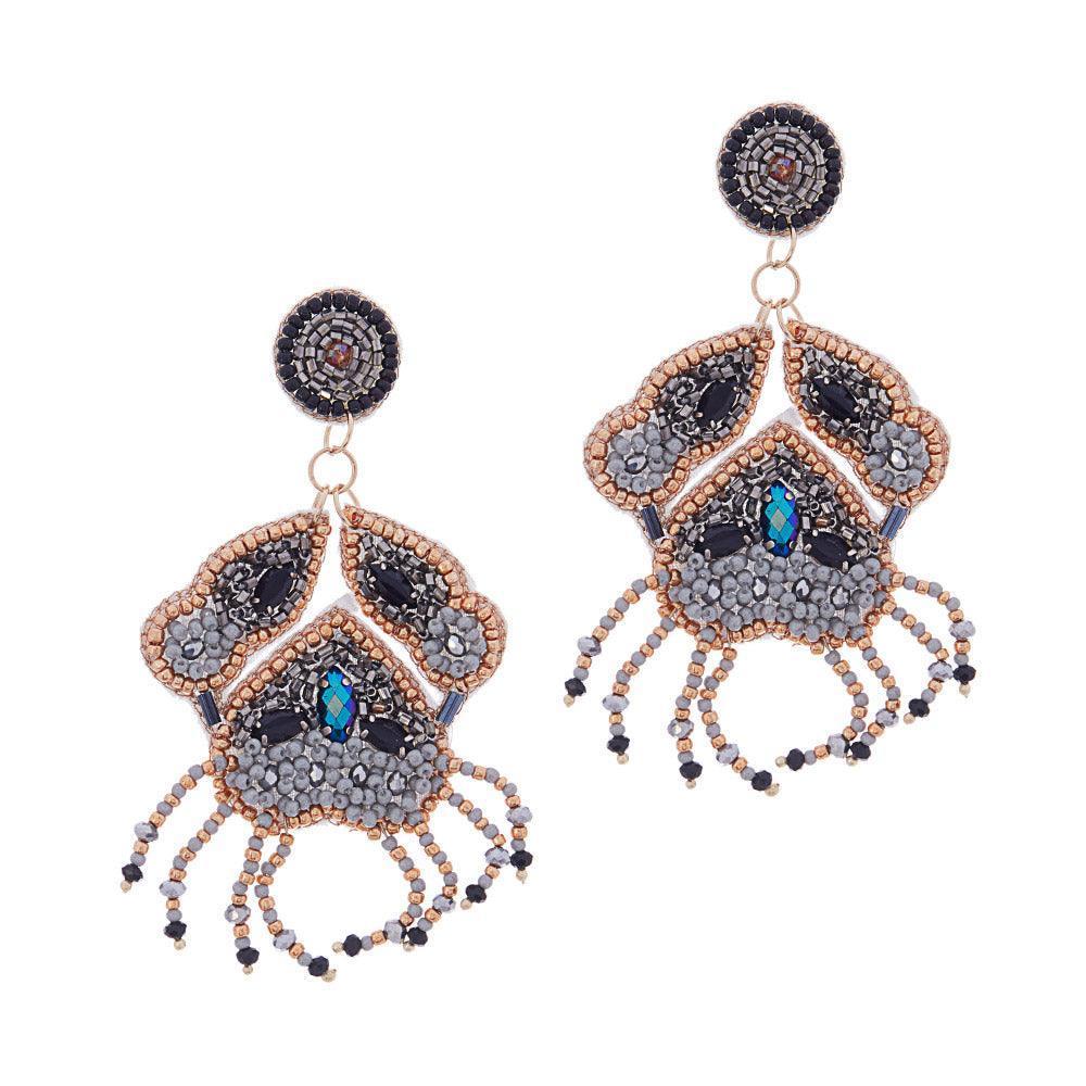 Black Felt Back Stone Beaded Crab Dangle Earrings - Jewelry Store by Erik Rayo
