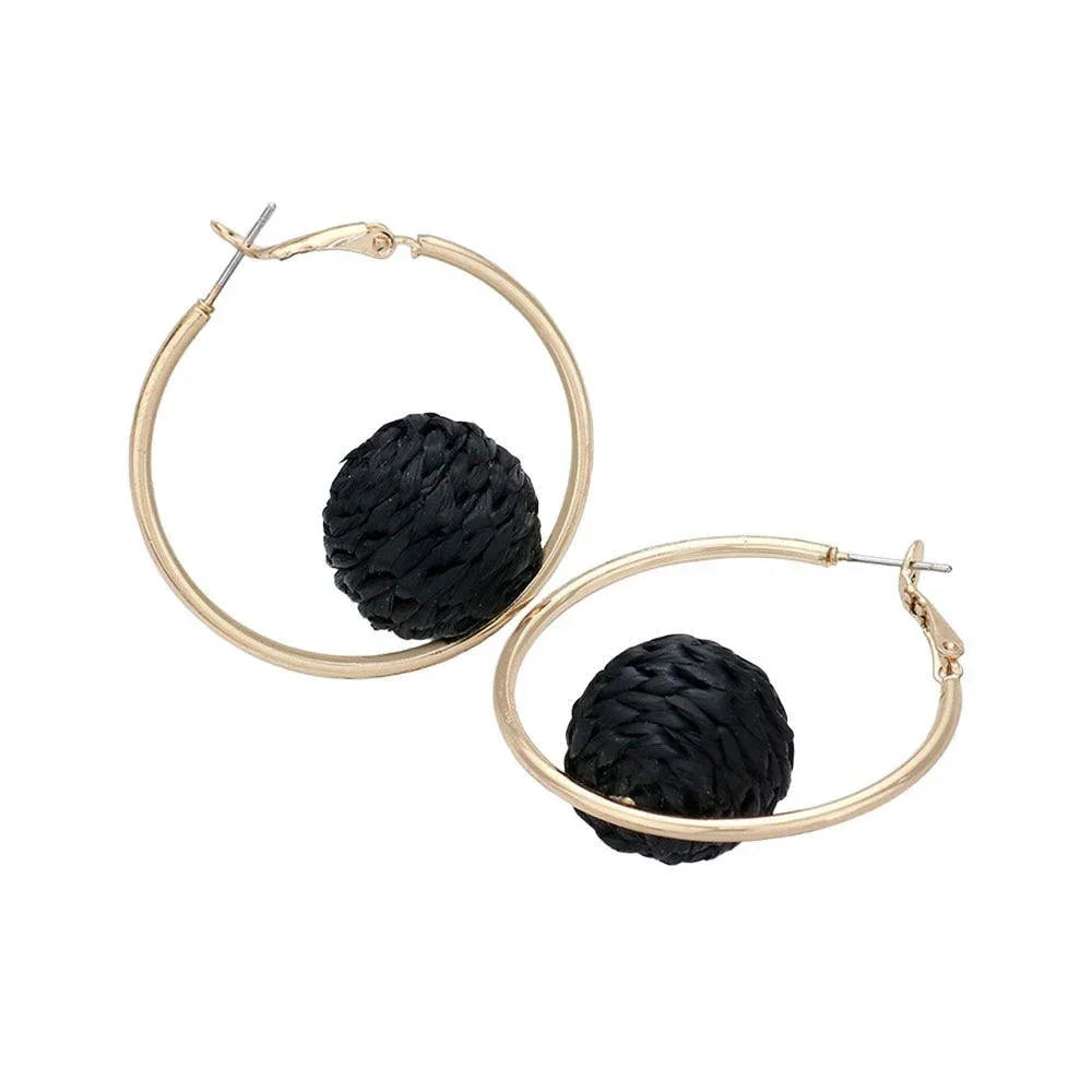 Black Raffia Wrapped Ball Pointed Metal Hoop Earrings - Jewelry Store by Erik Rayo