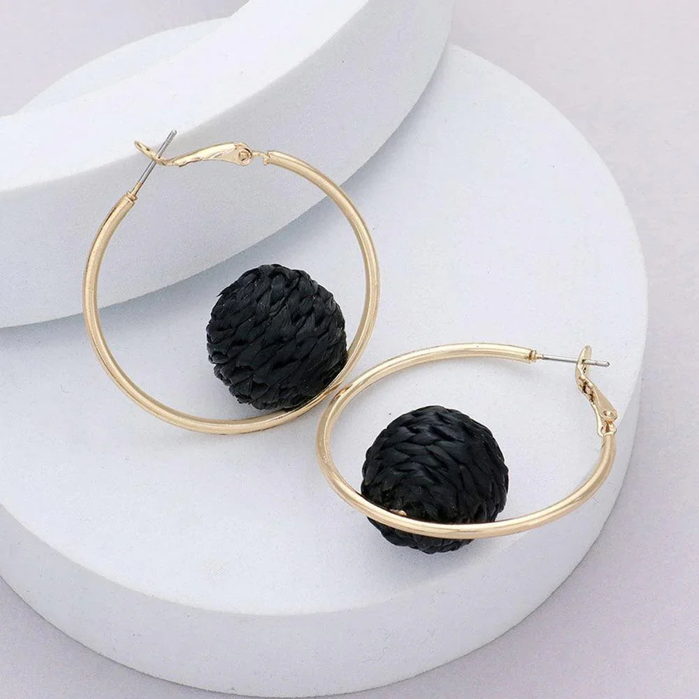 Black Raffia Wrapped Ball Pointed Metal Hoop Earrings - Jewelry Store by Erik Rayo