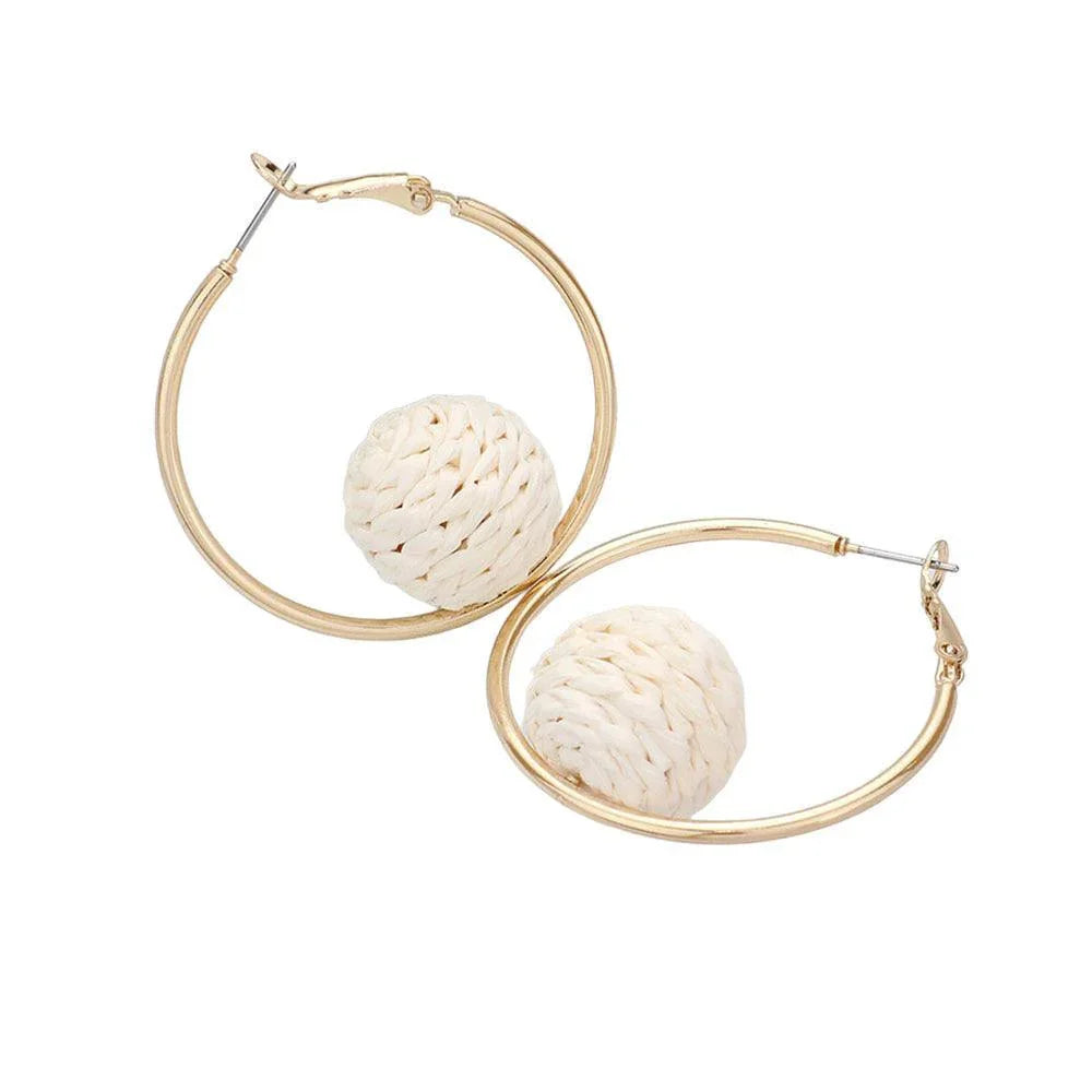 Ivory Raffia Wrapped Ball Pointed Metal Hoop Earrings - Jewelry Store by Erik Rayo