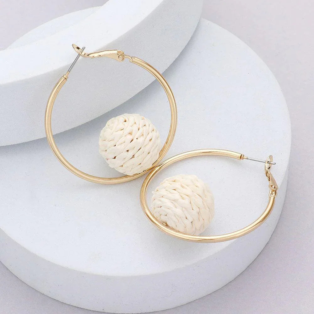 Ivory Raffia Wrapped Ball Pointed Metal Hoop Earrings - Jewelry Store by Erik Rayo