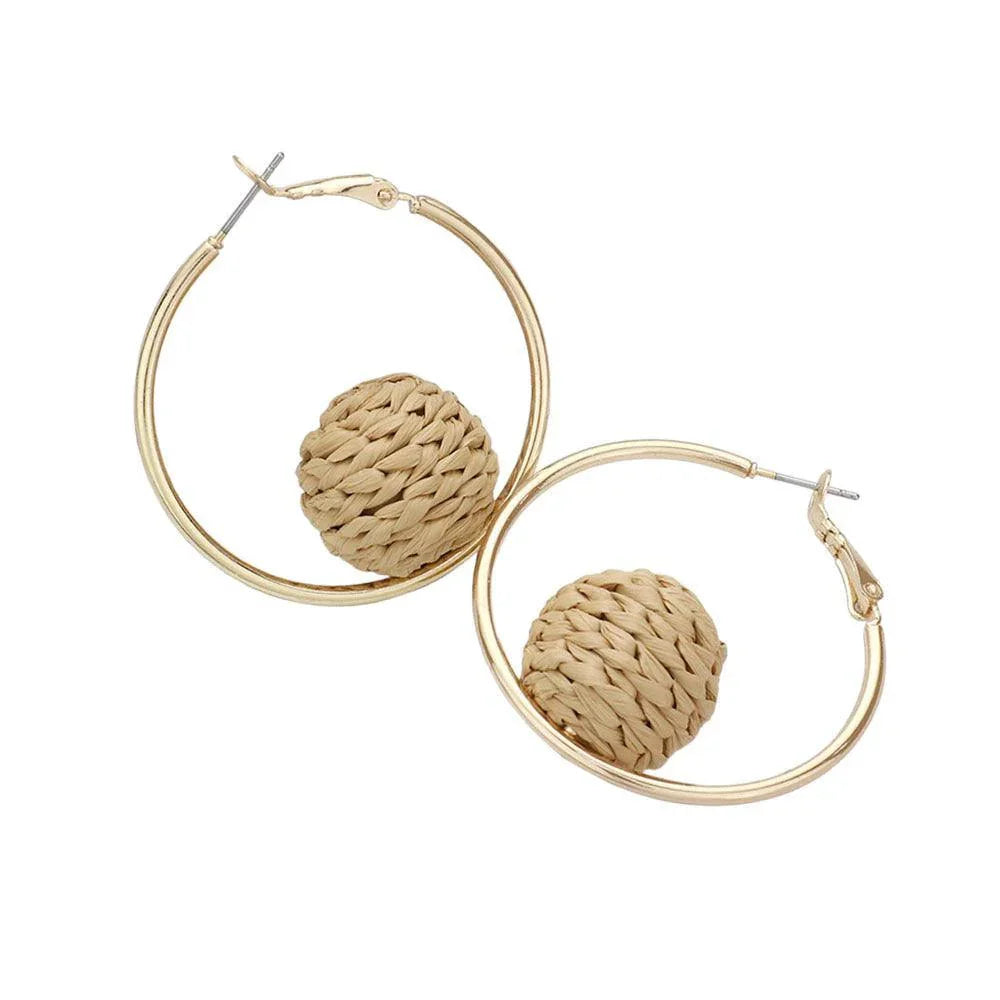 Brown Raffia Wrapped Ball Pointed Metal Hoop Earrings - Jewelry Store by Erik Rayo
