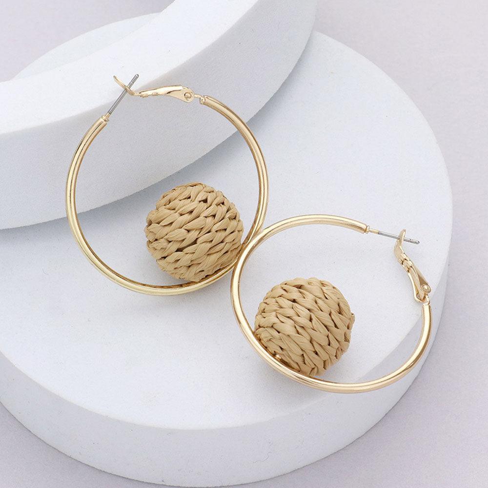 Brown Raffia Wrapped Ball Pointed Metal Hoop Earrings - Jewelry Store by Erik Rayo