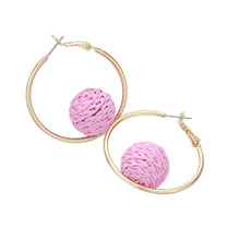 Load image into Gallery viewer, Raffia Wrapped Ball Pointed Metal Hoop Earrings
