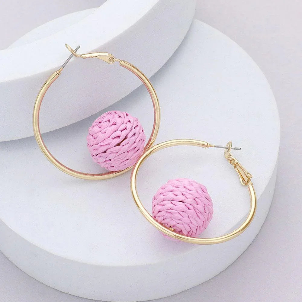 Raffia Wrapped Ball Pointed Metal Hoop Earrings - Jewelry Store by Erik Rayo