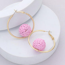 Load image into Gallery viewer, Raffia Wrapped Ball Pointed Metal Hoop Earrings
