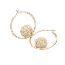 Load image into Gallery viewer, Raffia Wrapped Ball Pointed Metal Hoop Earrings
