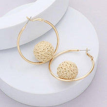 Load image into Gallery viewer, Raffia Wrapped Ball Pointed Metal Hoop Earrings
