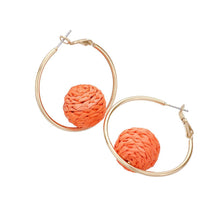 Load image into Gallery viewer, Raffia Wrapped Ball Pointed Metal Hoop Earrings
