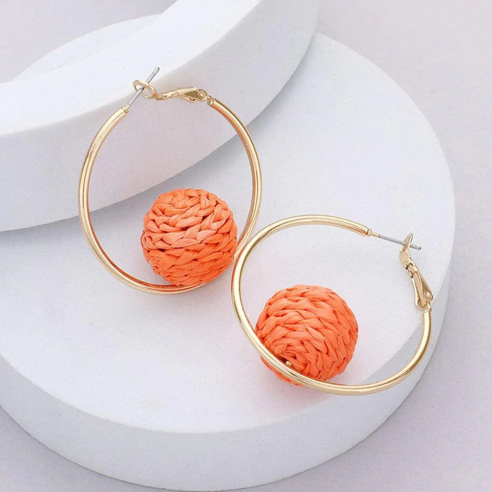 Raffia Wrapped Ball Pointed Metal Hoop Earrings - Jewelry Store by Erik Rayo
