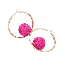 Load image into Gallery viewer, Pink Raffia Wrapped Ball Pointed Metal Hoop Earrings
