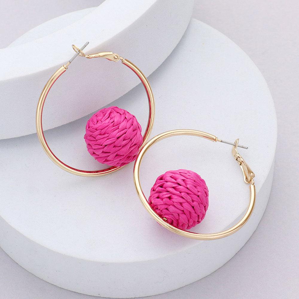 Pink Raffia Wrapped Ball Pointed Metal Hoop Earrings