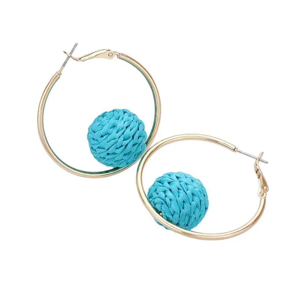 Turquoise Raffia Wrapped Ball Pointed Metal Hoop Earrings - Jewelry Store by Erik Rayo