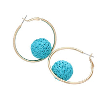 Load image into Gallery viewer, Turquoise Raffia Wrapped Ball Pointed Metal Hoop Earrings
