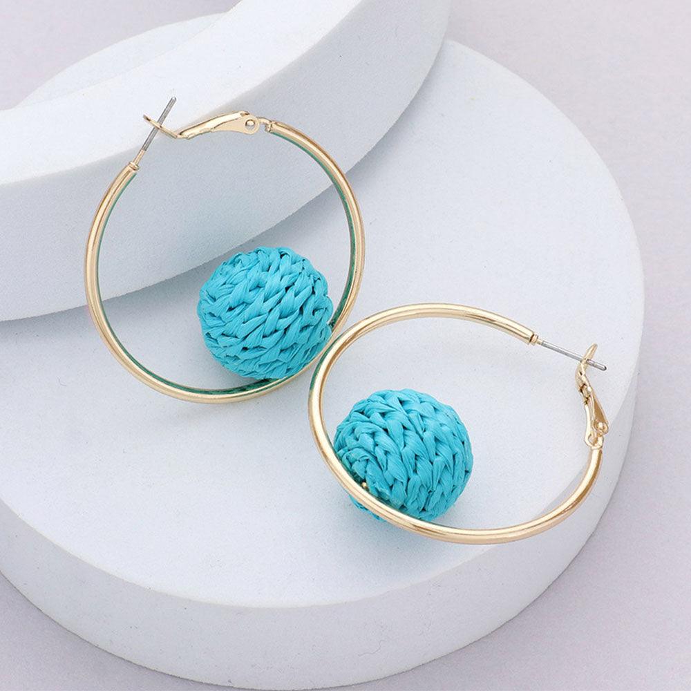 Turquoise Raffia Wrapped Ball Pointed Metal Hoop Earrings