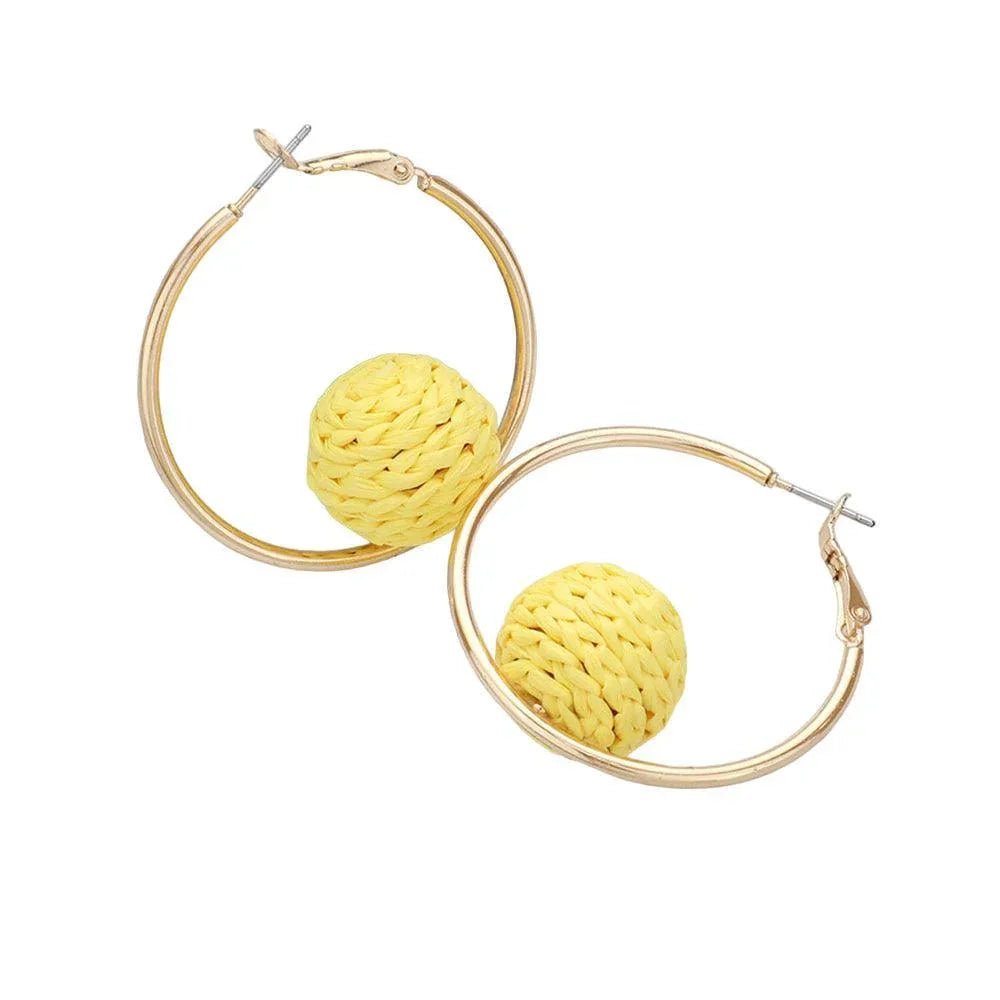 Yellow Raffia Wrapped Ball Pointed Metal Hoop Earrings - Jewelry Store by Erik Rayo
