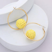 Load image into Gallery viewer, Yellow Raffia Wrapped Ball Pointed Metal Hoop Earrings
