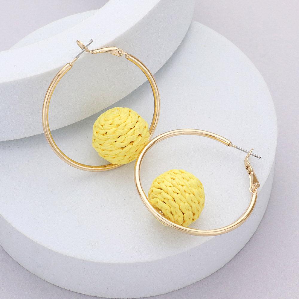 Yellow Raffia Wrapped Ball Pointed Metal Hoop Earrings