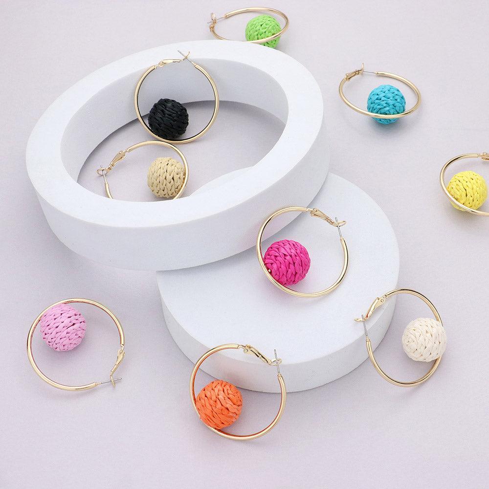 Yellow Raffia Wrapped Ball Pointed Metal Hoop Earrings - Jewelry Store by Erik Rayo