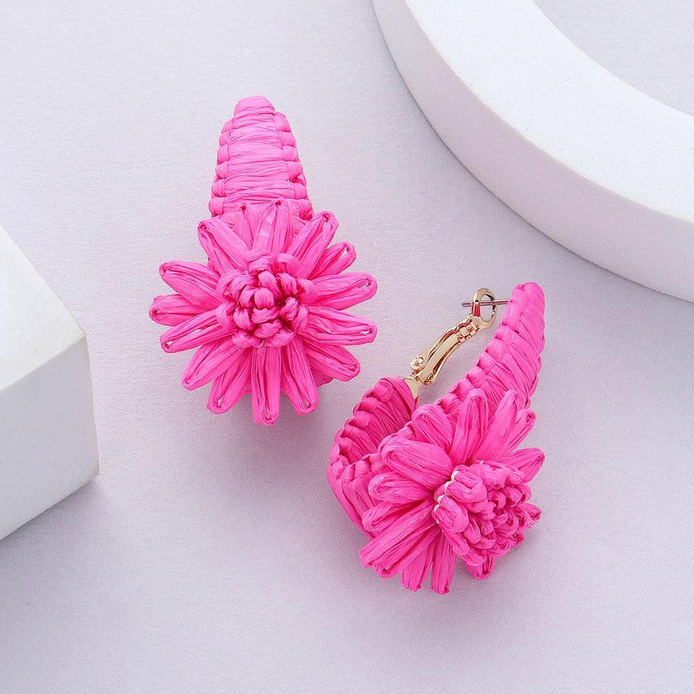 Pink Raffia Wrapped Flower Pointed Earrings