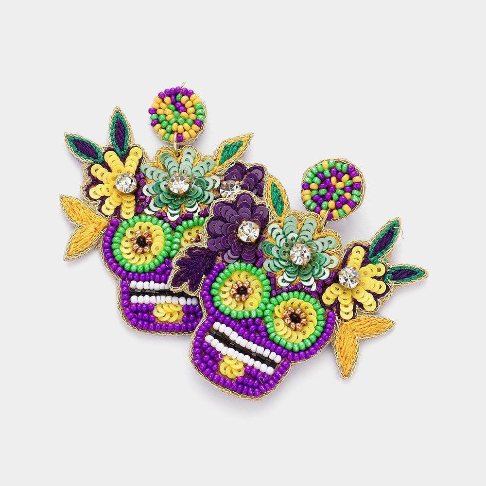Felt Back Mardi Gras The Day Of Death Skull Beaded Sequin Dangle Earrings - Jewelry Store by Erik Rayo