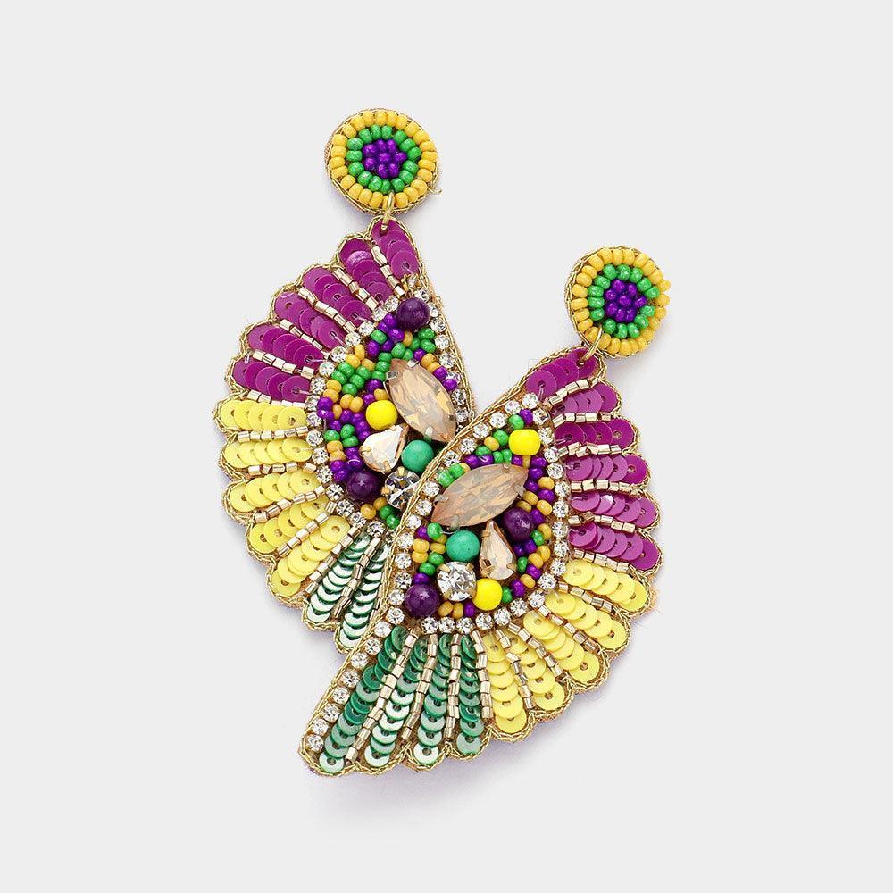 Felt Back Mardi Gras Sequin Stone Beaded Dangle Earrings - Jewelry Store by Erik Rayo