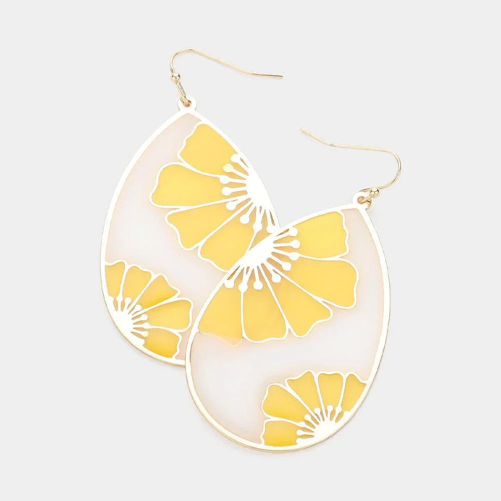 Yellow Transparent Flower Pointed Teardrop Dangle Earrings - Jewelry Store by Erik Rayo