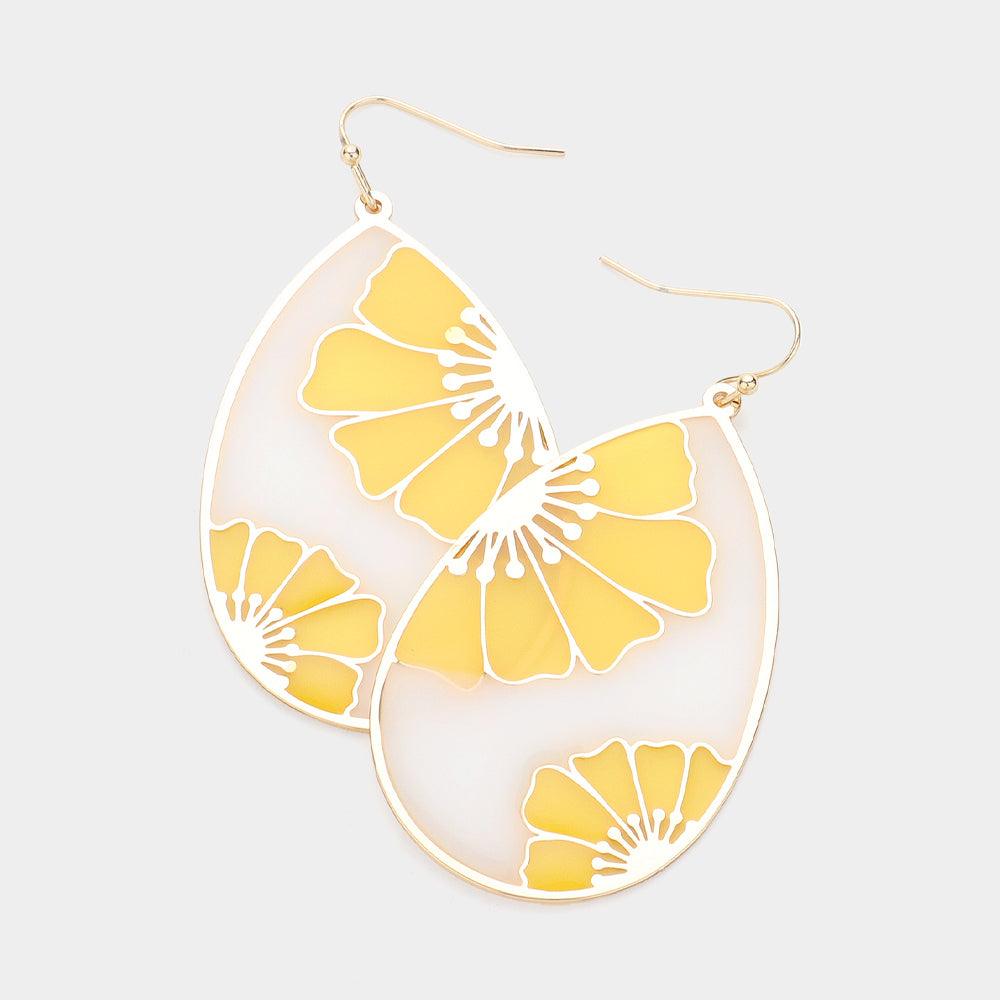 Yellow Transparent Flower Pointed Teardrop Dangle Earrings