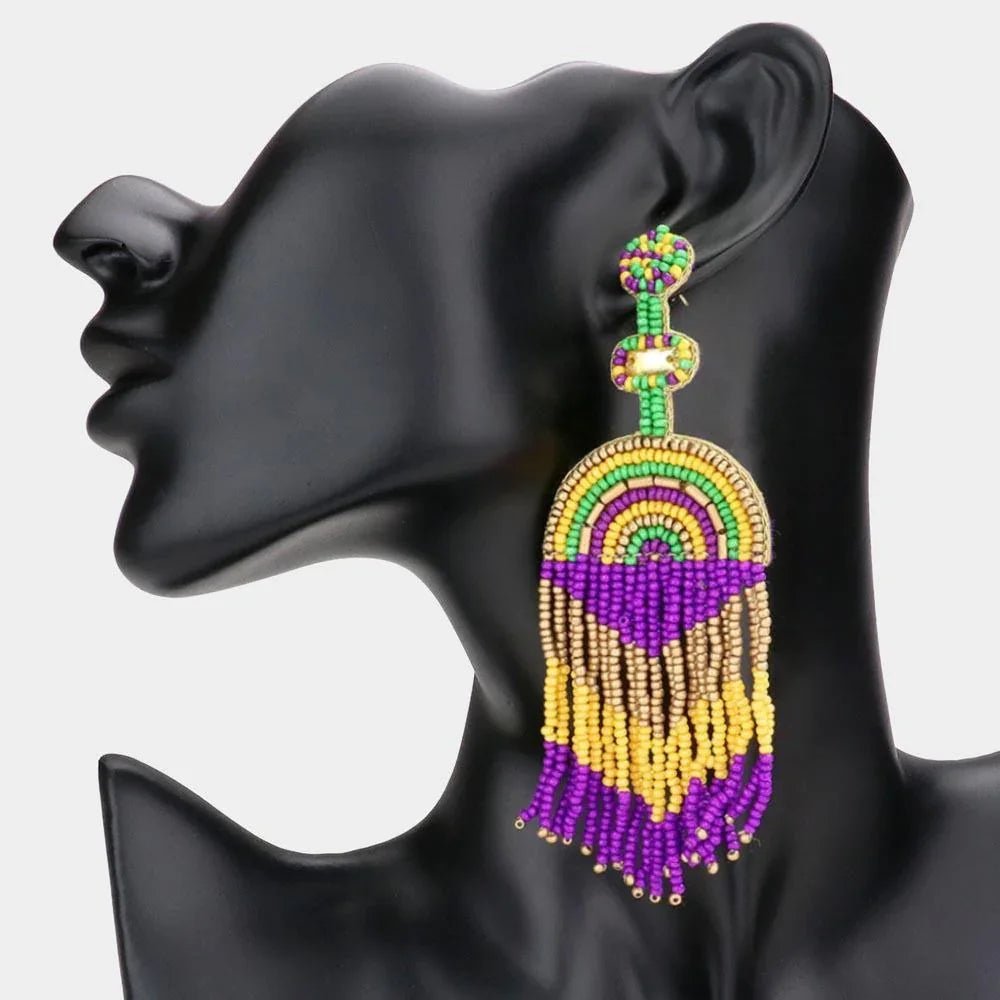 Felt Back Mardi Gras Seed Beaded Fringe Dangle Earrings - Jewelry Store by Erik Rayo