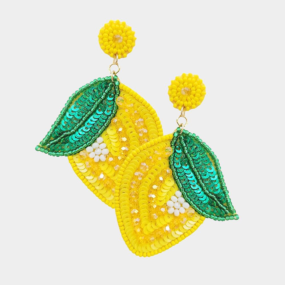 Yellow Felt Back Sequin Faceted Beaded Lemon Dangle Earrings