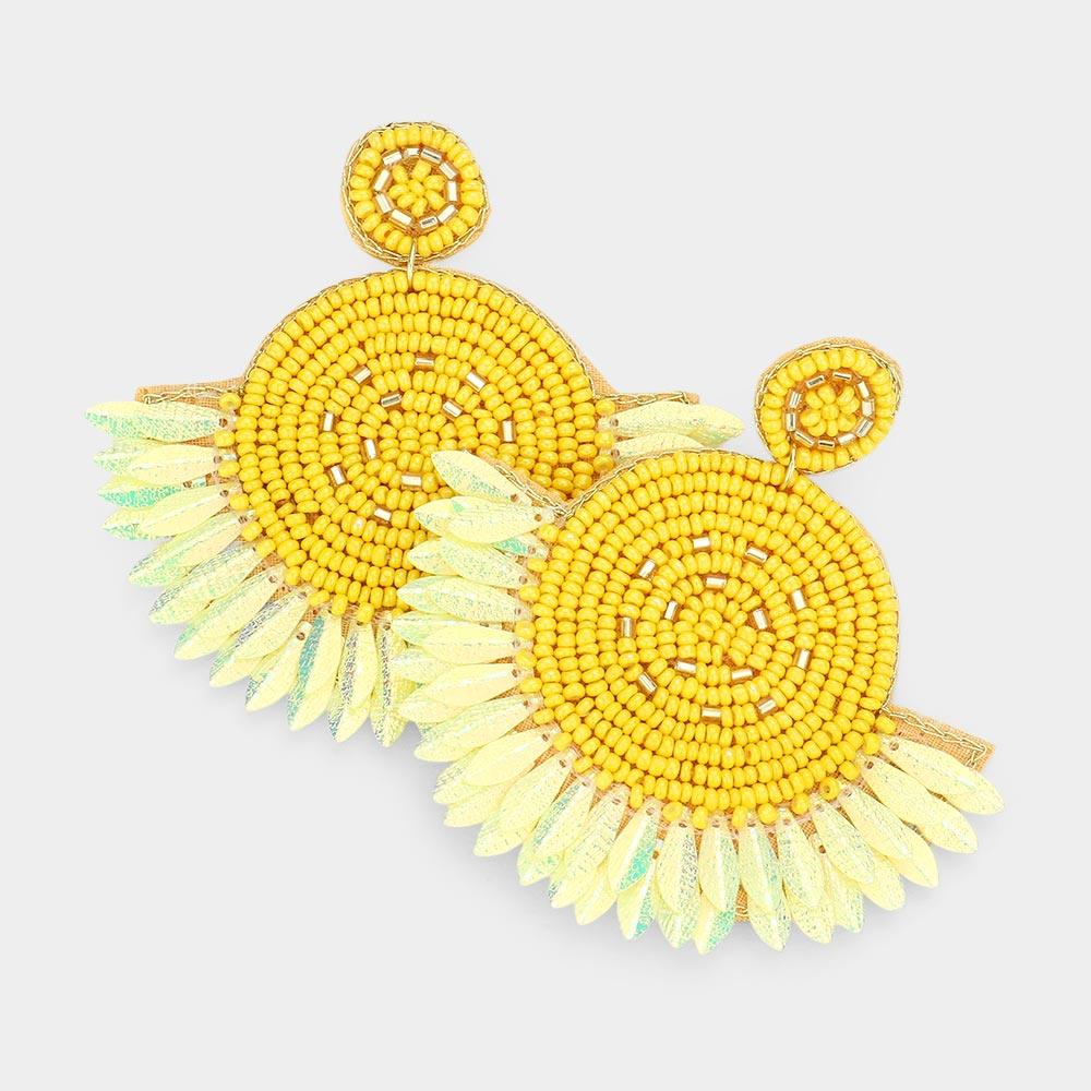 Yellow Boho Seed Beaded Round Fringe Dangle Earrings