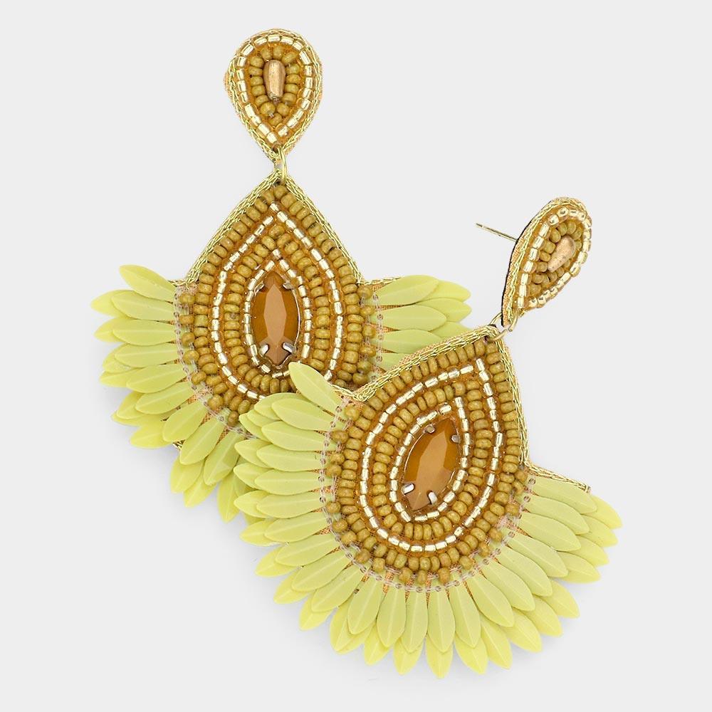 Green Boho Seed Beaded Teardrop Fringe Dangle Earrings - Jewelry Store by Erik Rayo