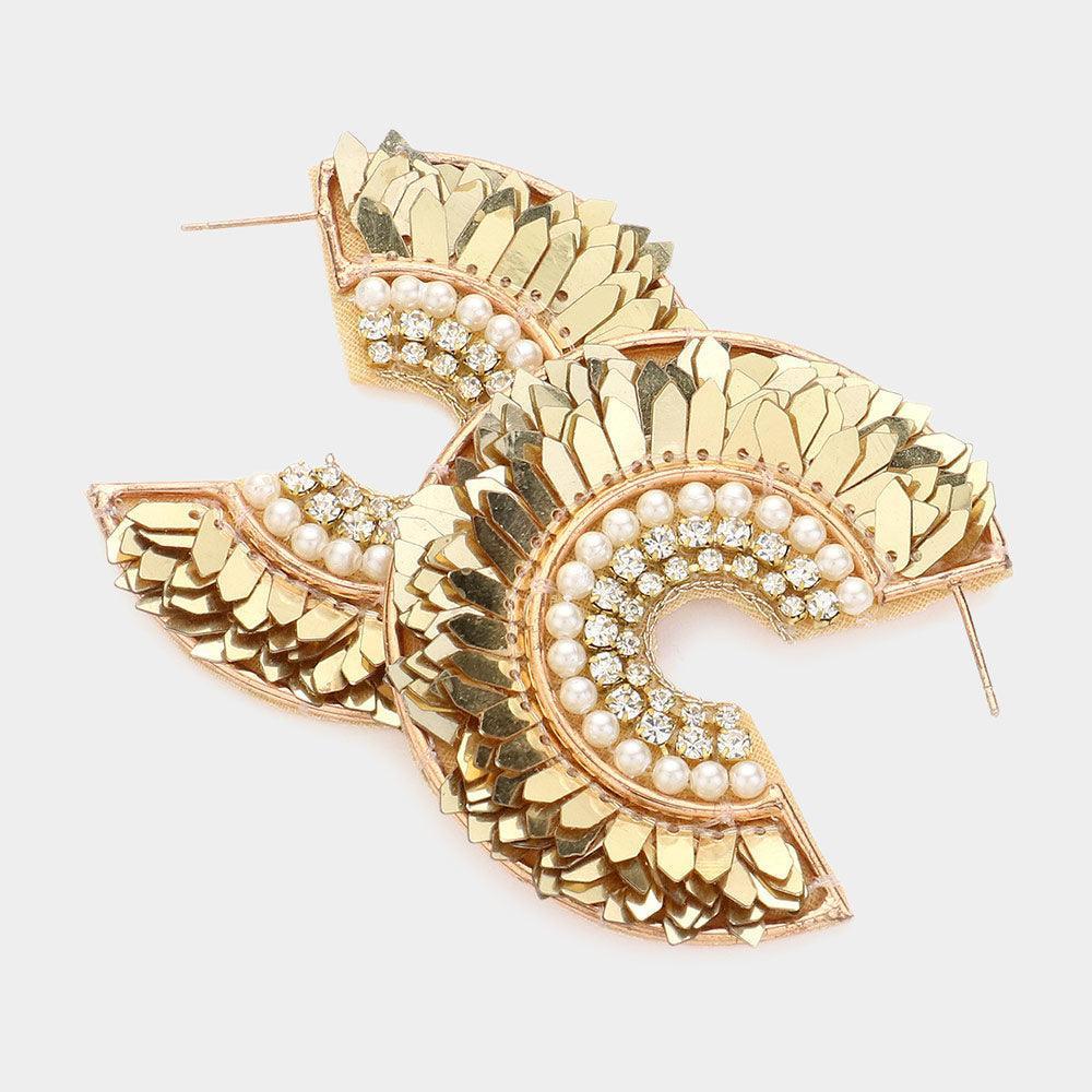 Gold Pearl Rhinestone Accented Metallic Feather Half Hoop Earrings - Jewelry Store by Erik Rayo