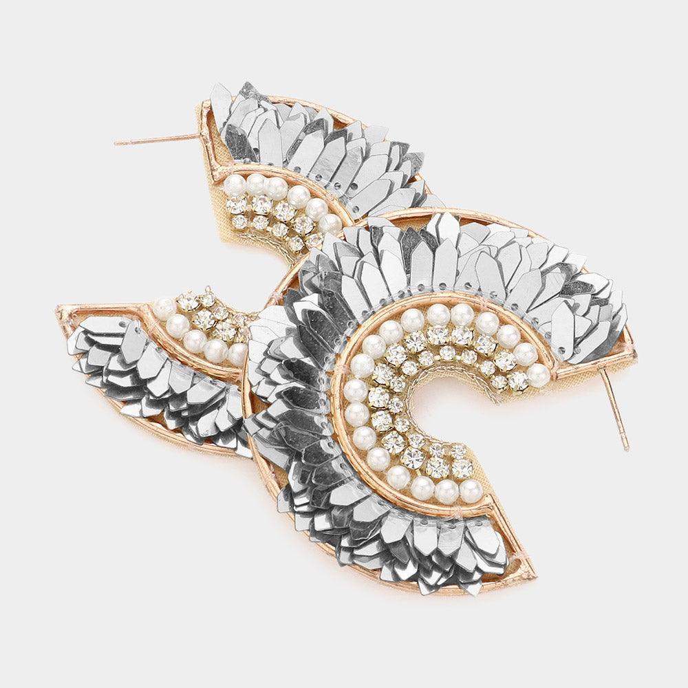 Pearl Rhinestone Accented Metallic Feather Half Hoop Earrings - Jewelry Store by Erik Rayo