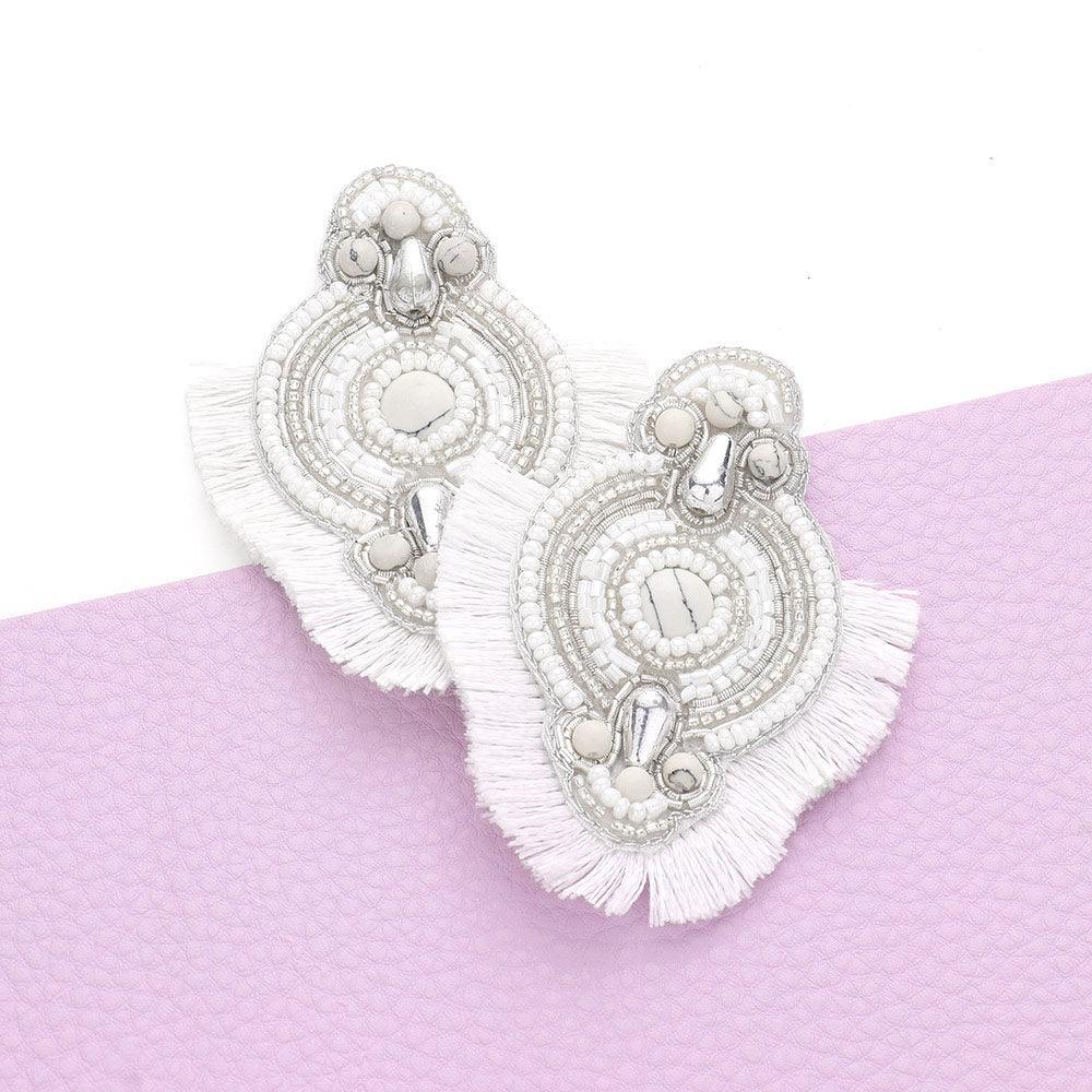 White Felt Back Boho Tassel Trimmed Multi Beaded Earrings