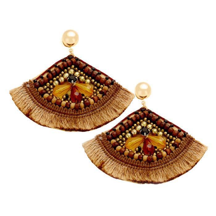 Brown Multi Beaded Fringe Thread Fan Shaped Earrings - Jewelry Store by Erik Rayo