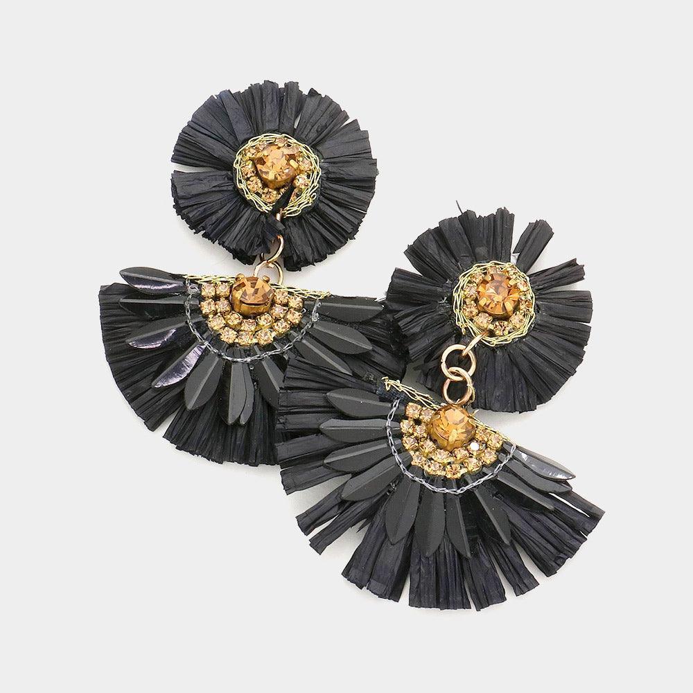 Black Stone Embellished Floral Raffia Link Dangle Earrings