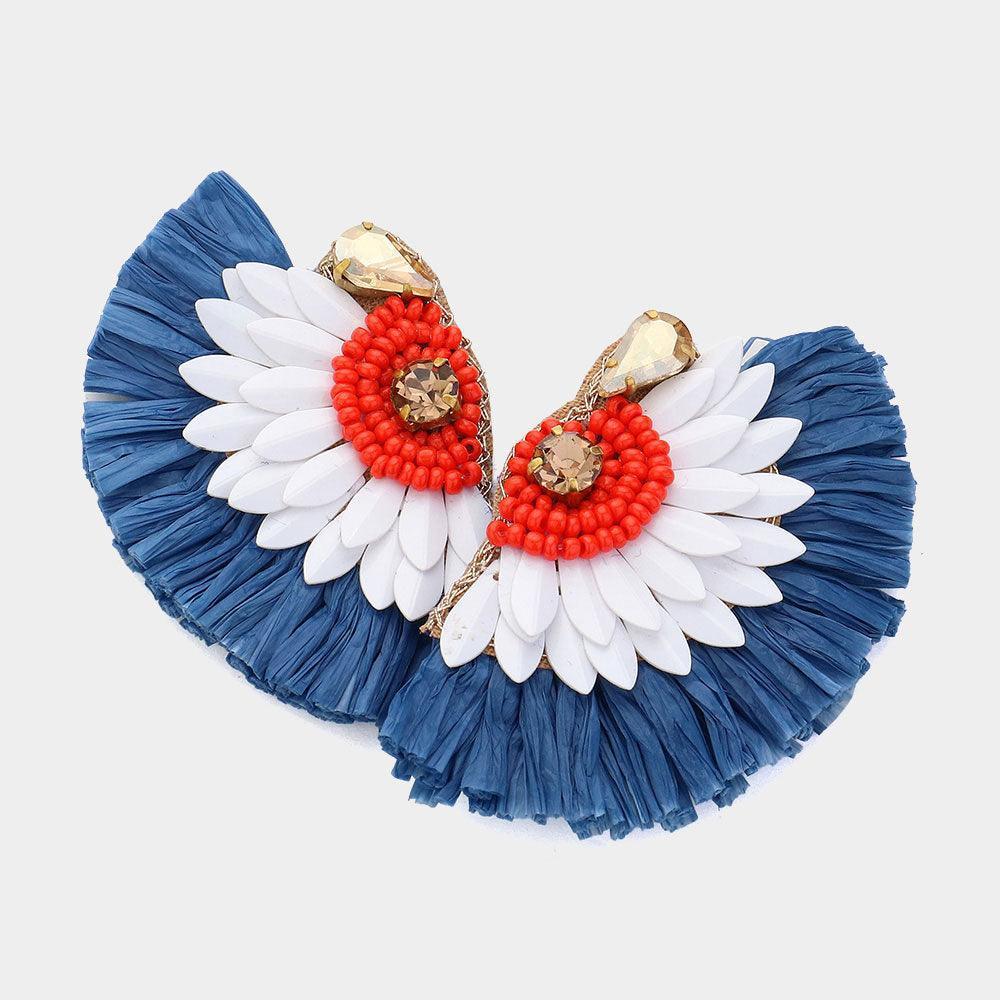American USA Flag Colored Stone Pointed Raffia Wing Earrings - Jewelry Store by Erik Rayo
