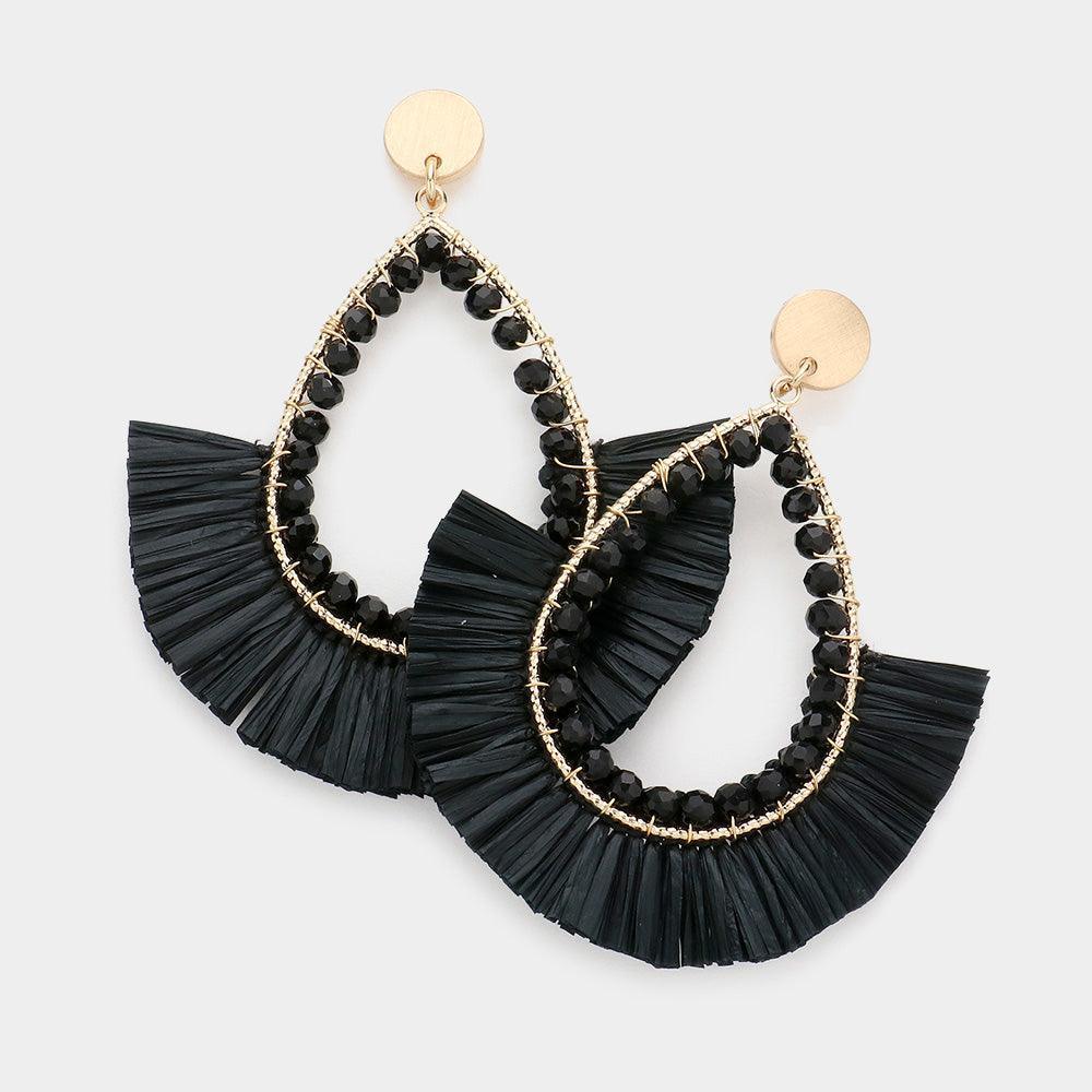 Black Open Teardrop Raffia Fringe Dangle Earrings - Jewelry Store by Erik Rayo