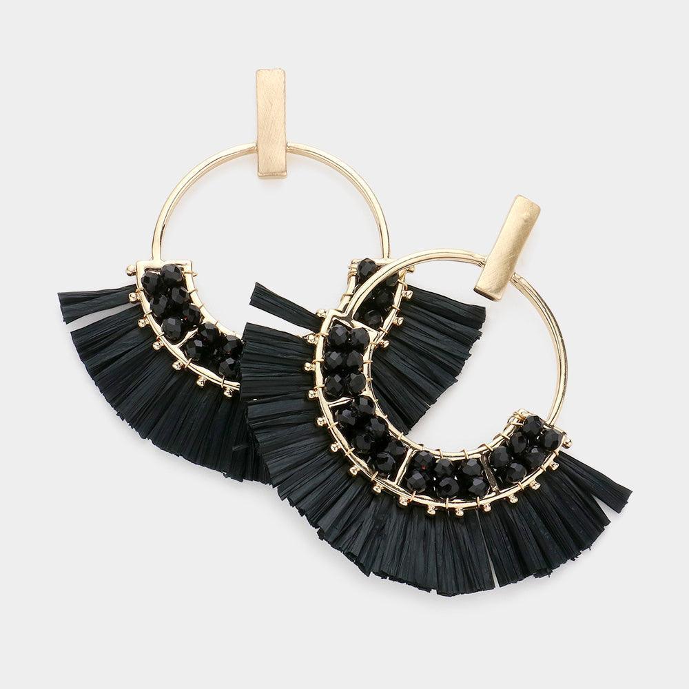 Black Open Circle Raffia Fringe Dangle Earrings - Jewelry Store by Erik Rayo