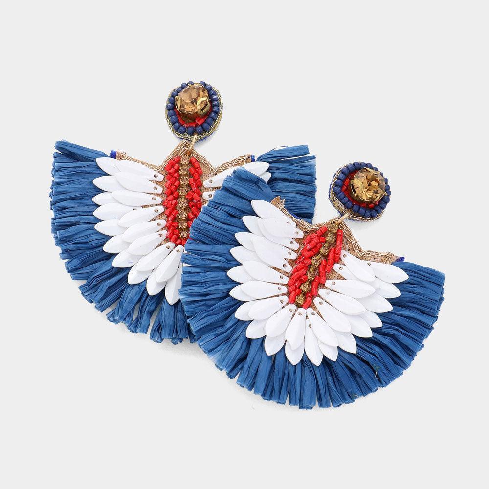American USA Flag Colored Stone Pointed Raffia Fan Dangle Earrings - Jewelry Store by Erik Rayo