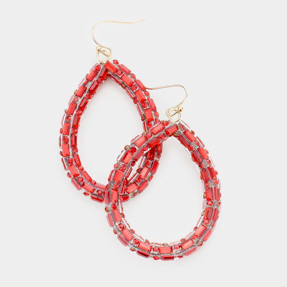 Red Round Rectangle Stone Open Teardrop Earrings - Jewelry Store by Erik Rayo